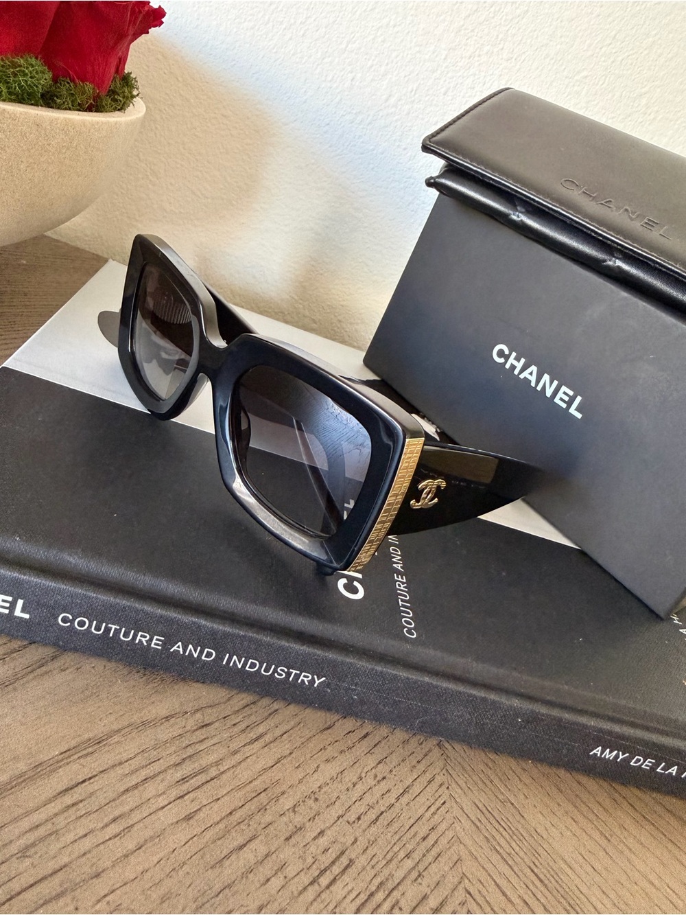 CHANEL Black Square Sunglasses with Gold CC Accent